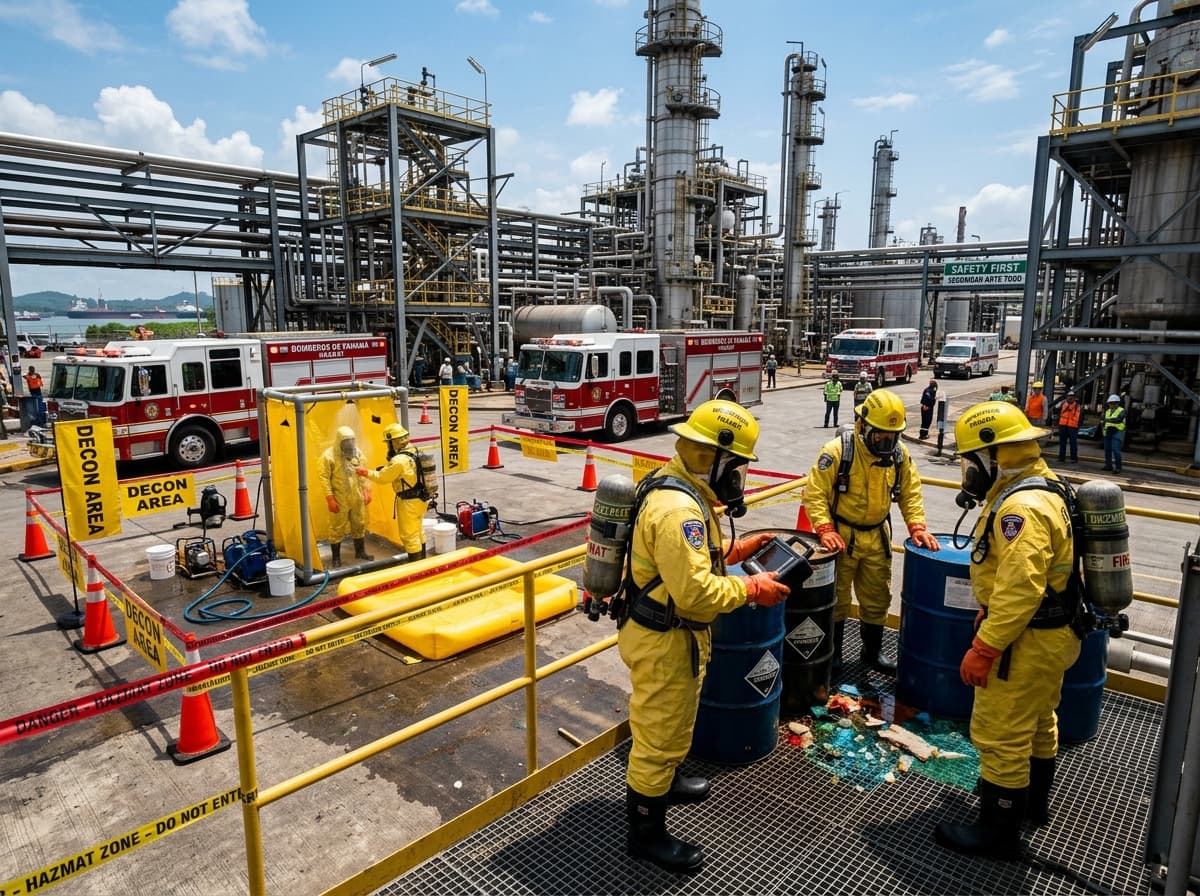 Simulacro de emergencia química con trajes de protección encapsulados y pasillo de descontaminación