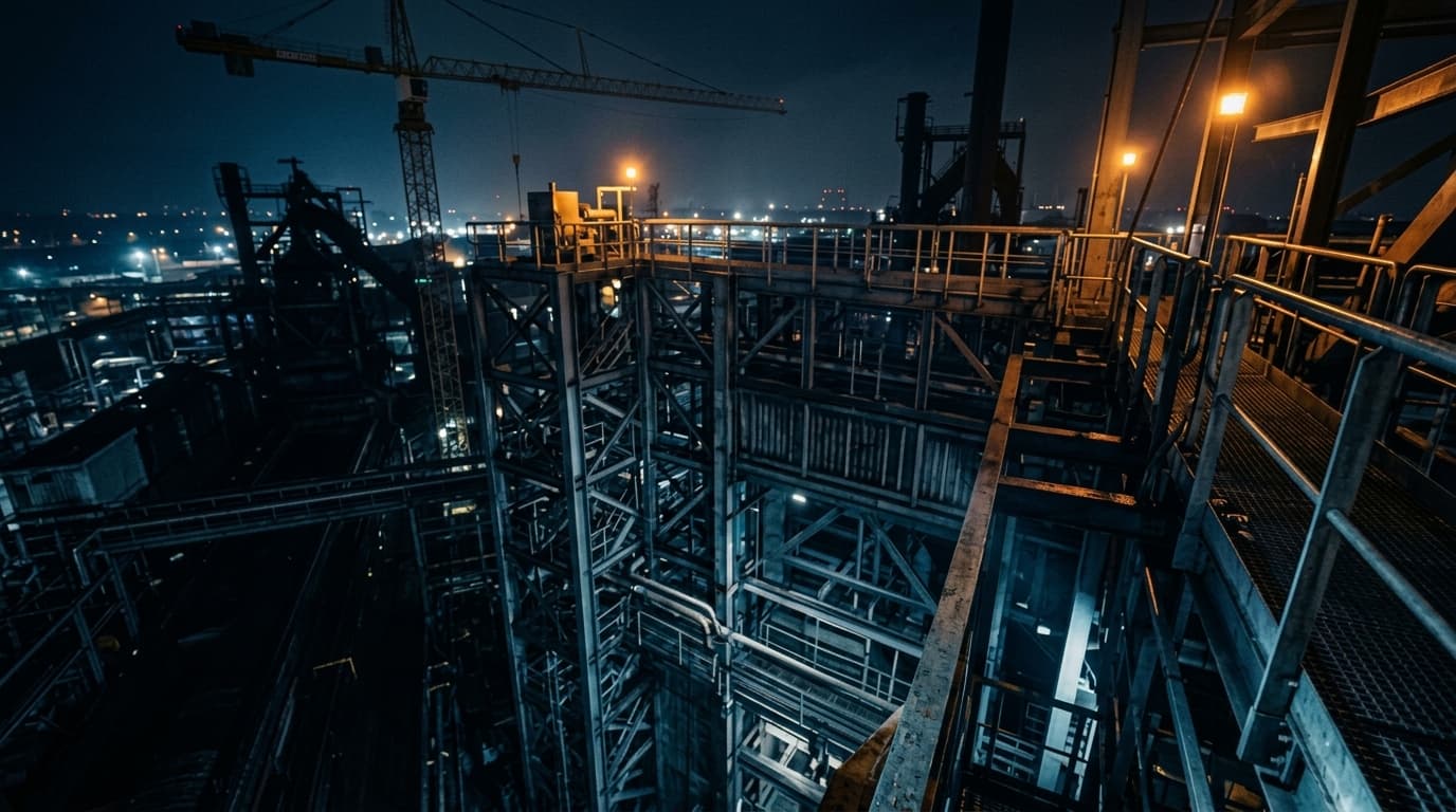 Instalación Industrial Nocturna y Escenario de Rescate en Alturas